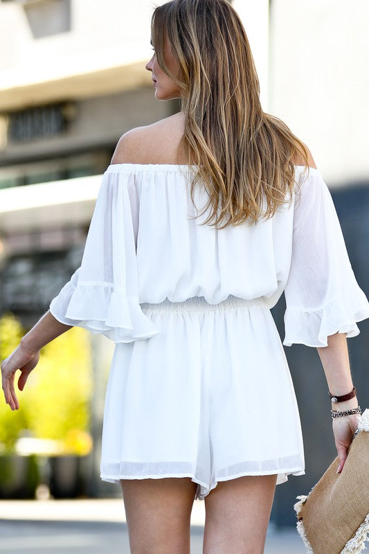 Off Shoulder Ruffle Bell Sleeve Chiffon Romper