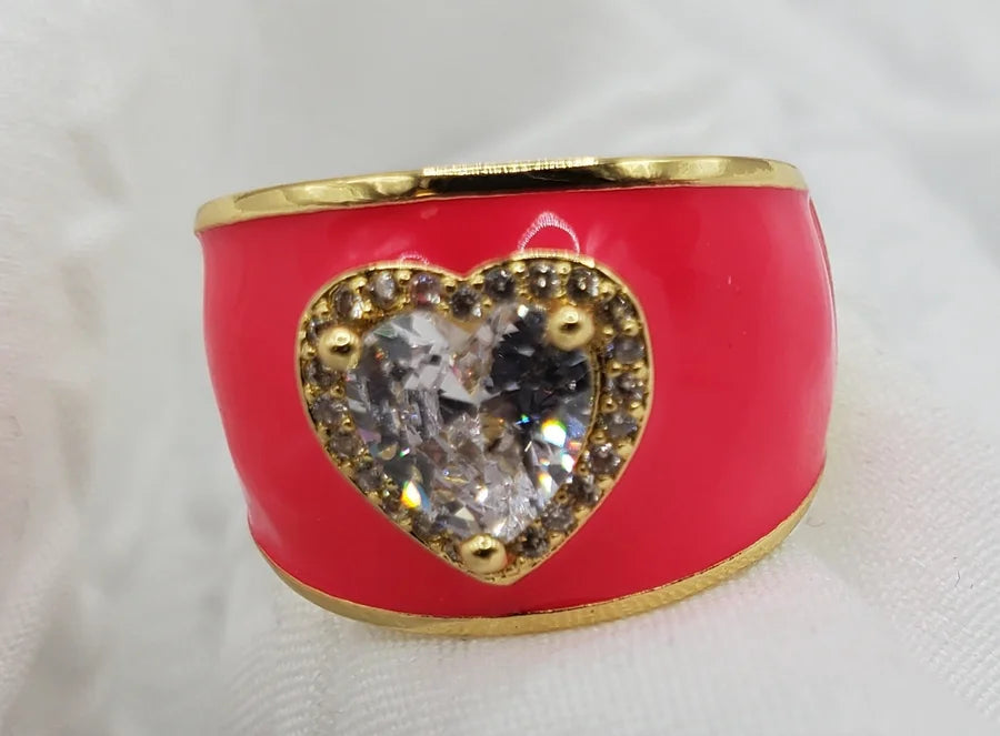 Enamel Diamond Heart Ring